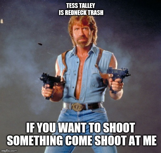 Chuck Norris Guns | TESS TALLEY IS REDNECK TRASH; IF YOU WANT TO SHOOT SOMETHING COME SHOOT AT ME | image tagged in memes,chuck norris guns,chuck norris | made w/ Imgflip meme maker