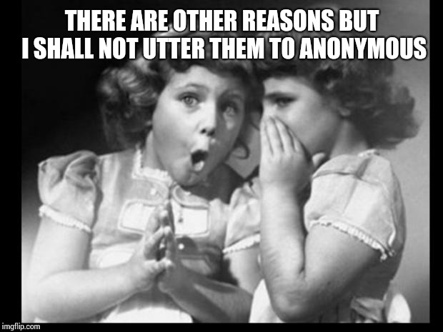Friends sharing | THERE ARE OTHER REASONS BUT I SHALL NOT UTTER THEM TO ANONYMOUS | image tagged in friends sharing | made w/ Imgflip meme maker