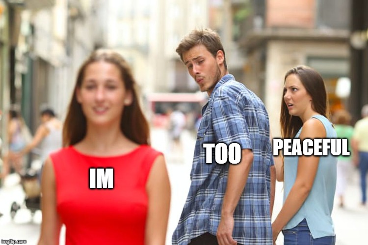 IM TOO PEACEFUL | image tagged in memes,distracted boyfriend | made w/ Imgflip meme maker