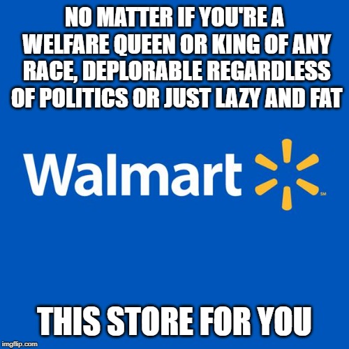 Walmart Life | NO MATTER IF YOU'RE A WELFARE QUEEN OR KING OF ANY RACE, DEPLORABLE REGARDLESS OF POLITICS OR JUST LAZY AND FAT; THIS STORE FOR YOU | image tagged in walmart life | made w/ Imgflip meme maker