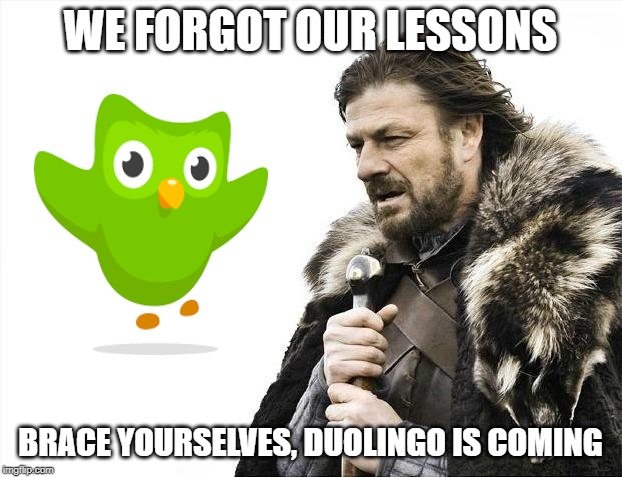 Brace Yourselves X is Coming | WE FORGOT OUR LESSONS; BRACE YOURSELVES, DUOLINGO IS COMING | image tagged in memes,brace yourselves x is coming | made w/ Imgflip meme maker