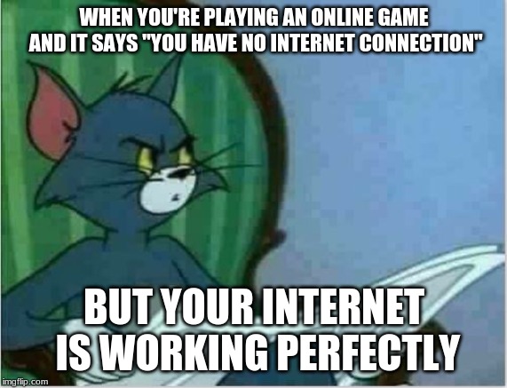 Interrupting Tom's Read | WHEN YOU'RE PLAYING AN ONLINE GAME AND IT SAYS "YOU HAVE NO INTERNET CONNECTION"; BUT YOUR INTERNET IS WORKING PERFECTLY | image tagged in interrupting tom's read | made w/ Imgflip meme maker