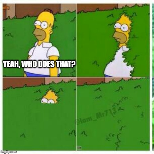 Homer hides | YEAH, WHO DOES THAT? | image tagged in homer hides | made w/ Imgflip meme maker