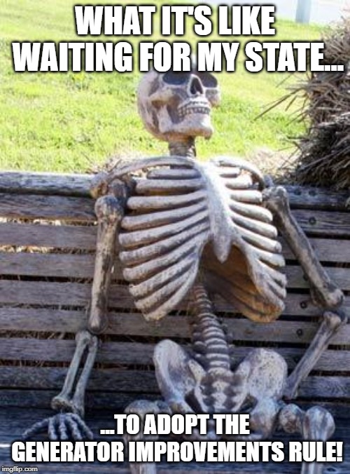 States have until July 1, 2019 to adopt more stringent requirements of the new rule if a change to state law is required. | WHAT IT'S LIKE WAITING FOR MY STATE... ...TO ADOPT THE GENERATOR IMPROVEMENTS RULE! | image tagged in memes,waiting skeleton | made w/ Imgflip meme maker