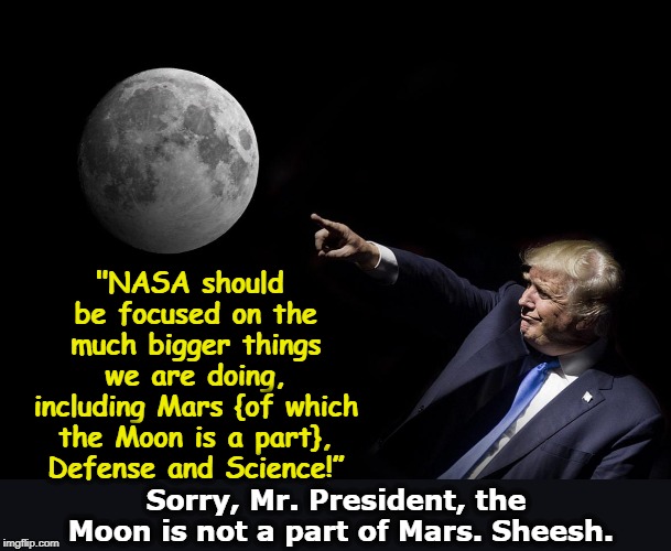He's delusional again. | "NASA should be focused on the much bigger things we are doing, including Mars {of which the Moon is a part}, Defense and Science!”; Sorry, Mr. President, the Moon is not a part of Mars. Sheesh. | image tagged in trump,moon,mars,nasa | made w/ Imgflip meme maker