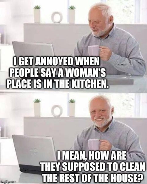 Hide the Pain Harold Meme | I GET ANNOYED WHEN PEOPLE SAY A WOMAN'S PLACE IS IN THE KITCHEN. I MEAN, HOW ARE THEY SUPPOSED TO CLEAN THE REST OF THE HOUSE? | image tagged in memes,hide the pain harold | made w/ Imgflip meme maker