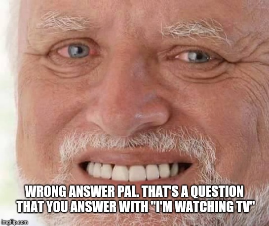 harold smiling | WRONG ANSWER PAL. THAT'S A QUESTION THAT YOU ANSWER WITH "I'M WATCHING TV" | image tagged in harold smiling | made w/ Imgflip meme maker