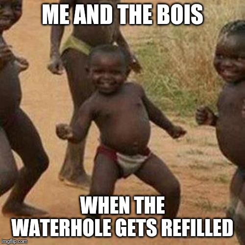 Third World Success Kid Meme | ME AND THE BOIS; WHEN THE WATERHOLE GETS REFILLED | image tagged in memes,third world success kid | made w/ Imgflip meme maker