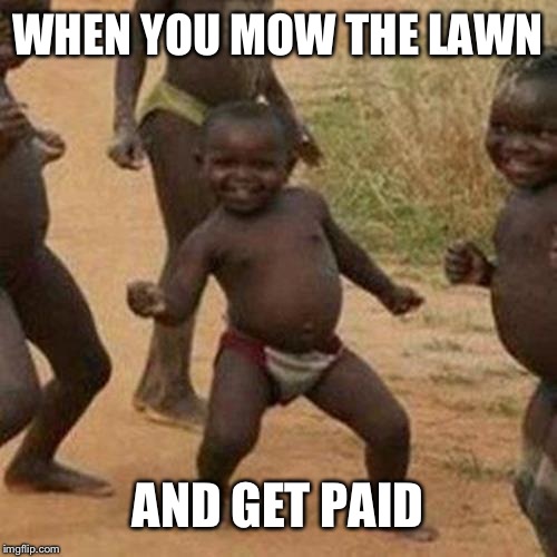 Third World Success Kid | WHEN YOU MOW THE LAWN; AND GET PAID | image tagged in memes,third world success kid | made w/ Imgflip meme maker