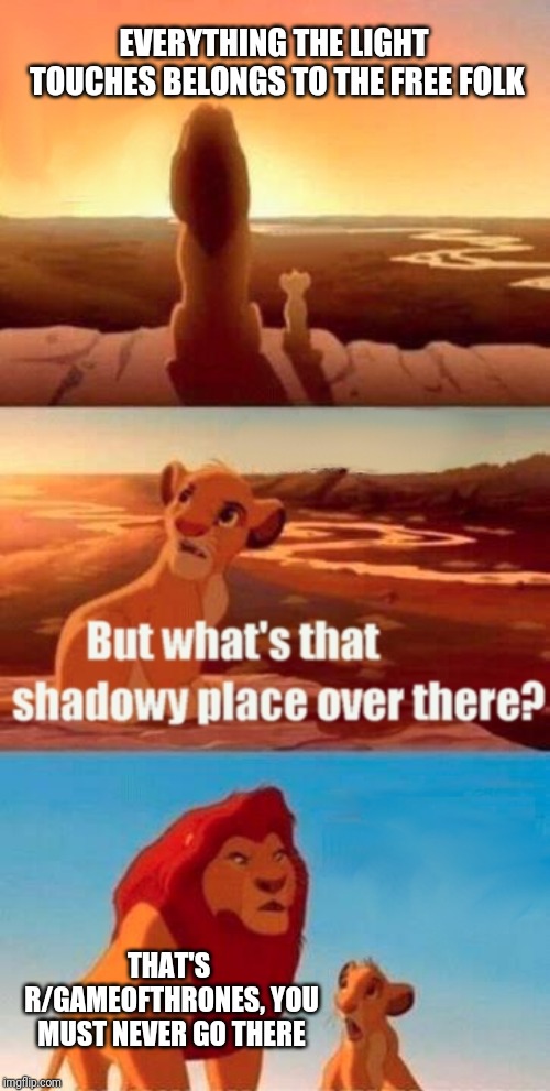 Simba Shadowy Place Meme | EVERYTHING THE LIGHT TOUCHES BELONGS TO THE FREE FOLK; THAT'S R/GAMEOFTHRONES, YOU MUST NEVER GO THERE | image tagged in memes,simba shadowy place | made w/ Imgflip meme maker