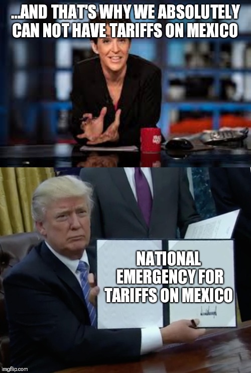 ...AND THAT'S WHY WE ABSOLUTELY CAN NOT HAVE TARIFFS ON MEXICO; NATIONAL EMERGENCY FOR TARIFFS ON MEXICO | image tagged in rachel maddow,memes,trump bill signing | made w/ Imgflip meme maker