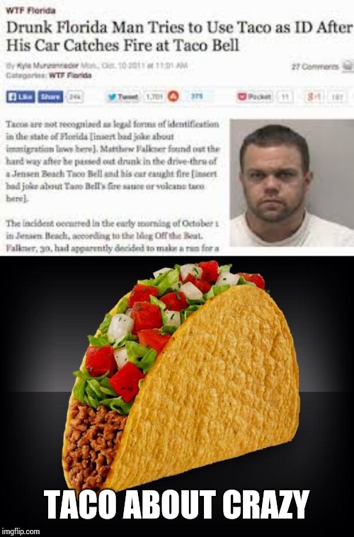 TACO ABOUT CRAZY | image tagged in taco | made w/ Imgflip meme maker
