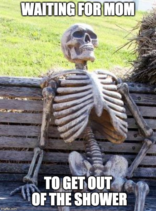 Waiting Skeleton | WAITING FOR MOM; TO GET OUT OF THE SHOWER | image tagged in memes,waiting skeleton | made w/ Imgflip meme maker