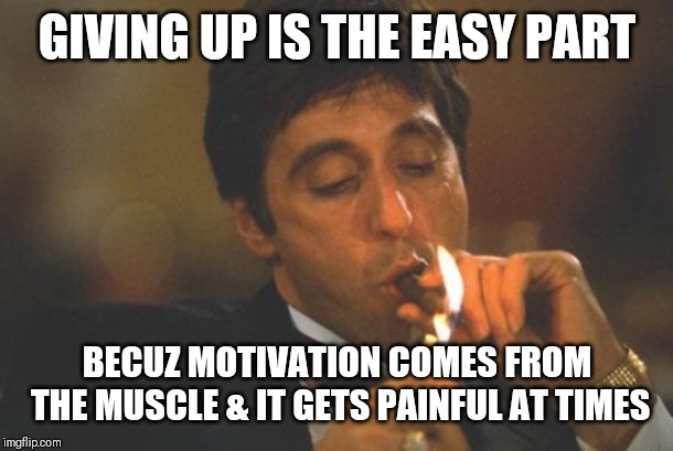 Jroc113 | GIVING UP IS THE EASY PART; BECUZ MOTIVATION COMES FROM THE MUSCLE & IT GETS PAINFUL AT TIMES | image tagged in scarface serious | made w/ Imgflip meme maker