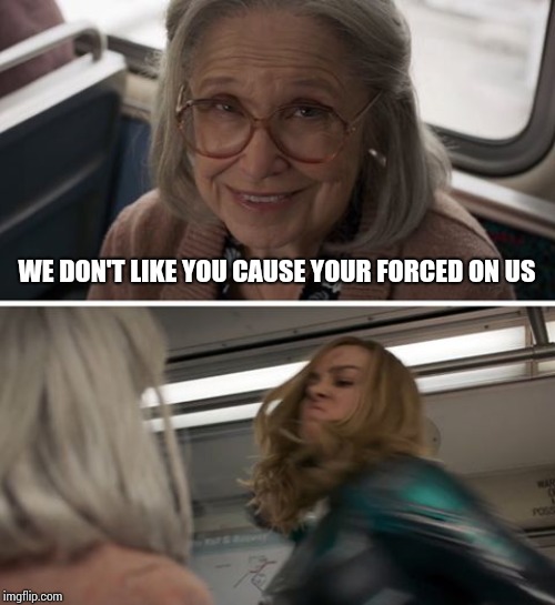 Captain Marvel | WE DON'T LIKE YOU CAUSE YOUR FORCED ON US | image tagged in captain marvel | made w/ Imgflip meme maker