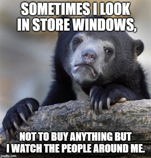 Confession Bear Meme | SOMETIMES I LOOK IN STORE WINDOWS, NOT TO BUY ANYTHING BUT I WATCH THE PEOPLE AROUND ME. | image tagged in memes,confession bear | made w/ Imgflip meme maker