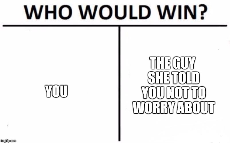 Who Would Win? Meme | THE GUY SHE TOLD YOU NOT TO WORRY ABOUT; YOU | image tagged in memes,who would win | made w/ Imgflip meme maker