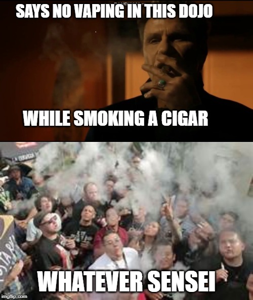 NO VAPING IN THIS DOJO | SAYS NO VAPING IN THIS DOJO; WHILE SMOKING A CIGAR; WHATEVER SENSEI | image tagged in funny,vaping,cigar | made w/ Imgflip meme maker