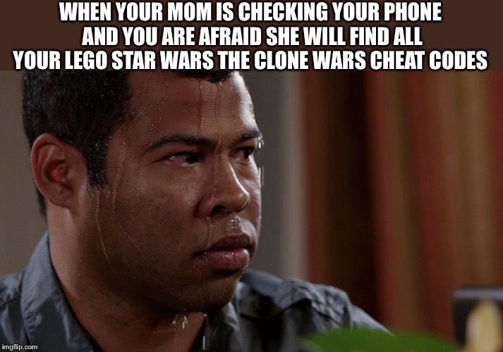 Cheat codes | WHEN YOUR MOM IS CHECKING YOUR PHONE AND YOU ARE AFRAID SHE WILL FIND ALL YOUR LEGO STAR WARS THE CLONE WARS CHEAT CODES | image tagged in fear | made w/ Imgflip meme maker