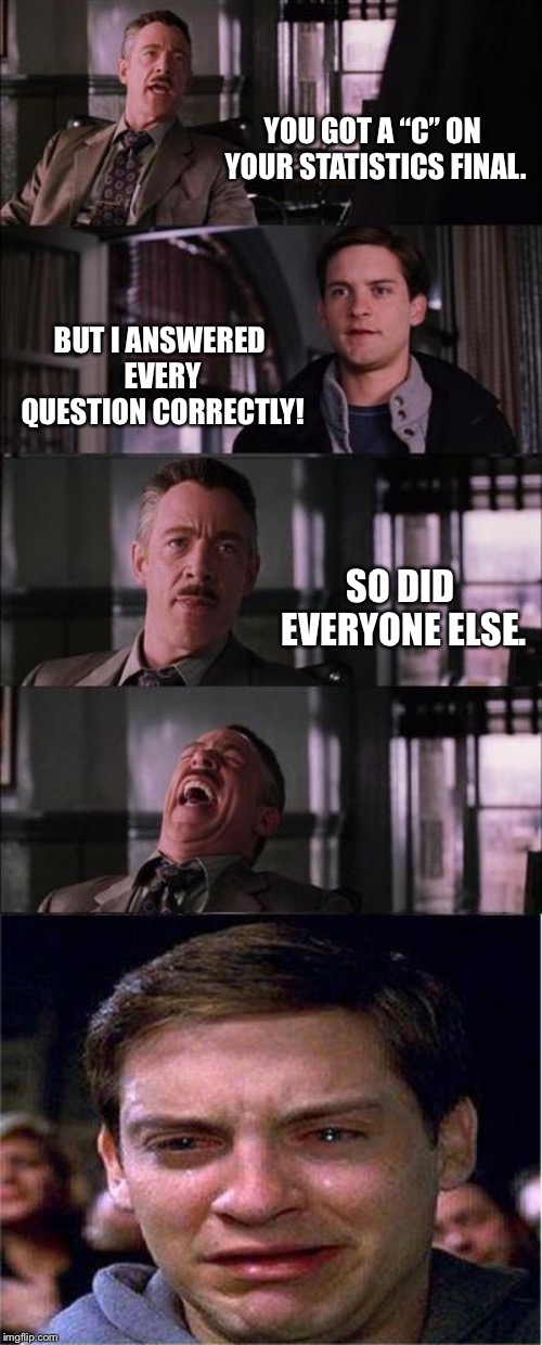 One Sigma for you, too funny for me | YOU GOT A “C” ON YOUR STATISTICS FINAL. BUT I ANSWERED EVERY QUESTION CORRECTLY! SO DID EVERYONE ELSE. | image tagged in memes,peter parker cry | made w/ Imgflip meme maker