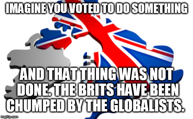 uk | IMAGINE YOU VOTED TO DO SOMETHING; AND THAT THING WAS NOT DONE. THE BRITS HAVE BEEN CHUMPED BY THE GLOBALISTS. | image tagged in uk | made w/ Imgflip meme maker