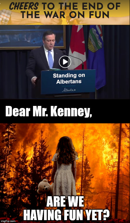 Jason Kenney -- Having Fun! | Dear Mr. Kenney, ARE WE HAVING FUN YET? | image tagged in alberta,conservatives,canadian politics,political memes,climate change,propaganda | made w/ Imgflip meme maker