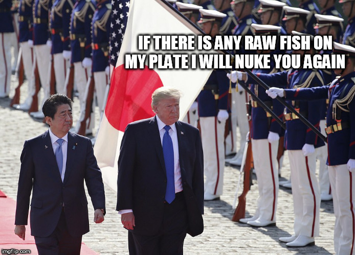 japan | IF THERE IS ANY RAW FISH ON MY PLATE I WILL NUKE YOU AGAIN | image tagged in japan | made w/ Imgflip meme maker