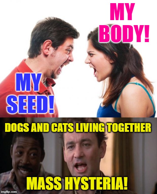 Hysteria Makes Me Feel Good | MY BODY! MY SEED! DOGS AND CATS LIVING TOGETHER; MASS HYSTERIA! | image tagged in mass hysteria,ghostbusters,bill murray,couple arguing,pro choice,lol so funny | made w/ Imgflip meme maker