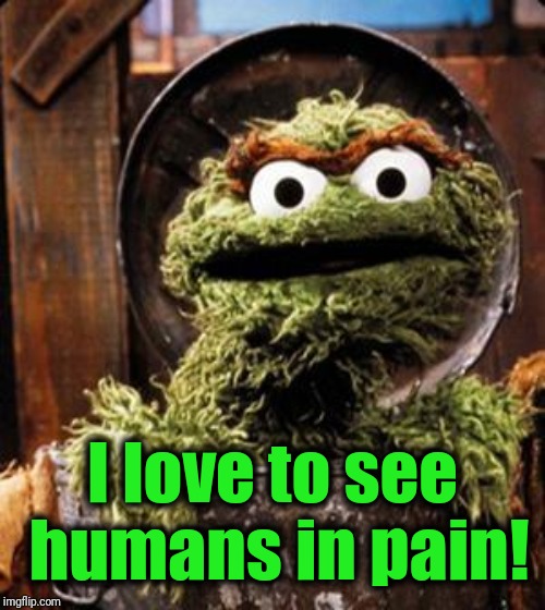 Oscar the Grouch | I love to see humans in pain! | image tagged in oscar the grouch | made w/ Imgflip meme maker