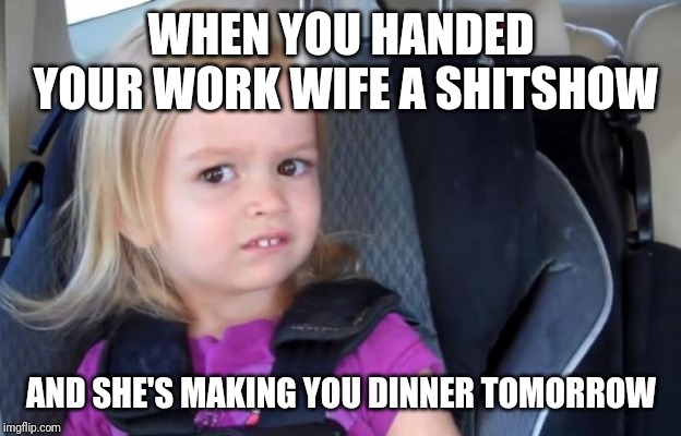 Side Eyeing Chloe | WHEN YOU HANDED YOUR WORK WIFE A SHITSHOW; AND SHE'S MAKING YOU DINNER TOMORROW | image tagged in side eyeing chloe | made w/ Imgflip meme maker