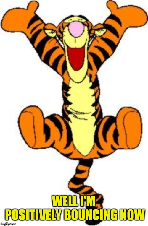 Tigger Bouncing | WELL I’M POSITIVELY BOUNCING NOW | image tagged in tigger bouncing | made w/ Imgflip meme maker