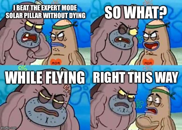 How Tough Are You Meme | SO WHAT? I BEAT THE EXPERT MODE SOLAR PILLAR WITHOUT DYING; WHILE FLYING; RIGHT THIS WAY | image tagged in memes,how tough are you | made w/ Imgflip meme maker