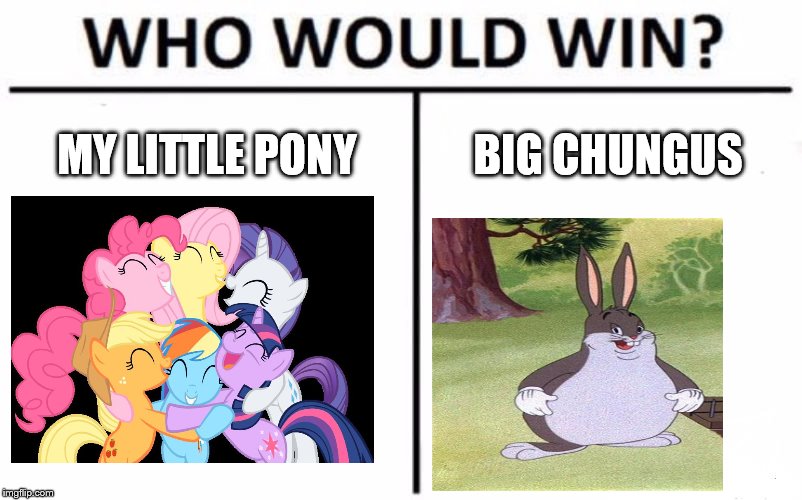 Things are getting to popular | MY LITTLE PONY; BIG CHUNGUS | image tagged in memes,who would win,mlp,big chungus | made w/ Imgflip meme maker