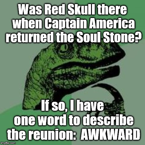 Awkward Surprise | Was Red Skull there when Captain America returned the Soul Stone? If so, I have one word to describe the reunion:  AWKWARD | image tagged in avengers endgame | made w/ Imgflip meme maker
