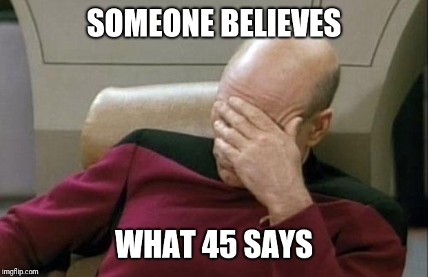 Captain Picard Facepalm Meme | SOMEONE BELIEVES WHAT 45 SAYS | image tagged in memes,captain picard facepalm | made w/ Imgflip meme maker