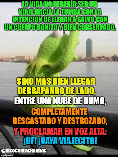 Kermit searching | LA VIDA NO DEBERÍA SER UN VIAJE HACIA LA TUMBA CON LA INTENCIÓN DE LLEGAR A SALVO CON UN CUERPO BONITO Y BIEN CONSERVADO, SINO MÁS BIEN LLEGAR DERRAPANDO DE LADO, ENTRE UNA NUBE DE HUMO, COMPLETAMENTE DESGASTADO Y DESTROZADO, Y PROCLAMAR EN VOZ ALTA:; ¡UF! ¡VAYA VIAJECITO! @RicoConLasRanitas | image tagged in kermit searching | made w/ Imgflip meme maker