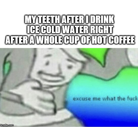 Excuse me wtf blank template | MY TEETH AFTER I DRINK ICE COLD WATER RIGHT AFTER A WHOLE CUP OF HOT COFFEE | image tagged in excuse me wtf blank template | made w/ Imgflip meme maker