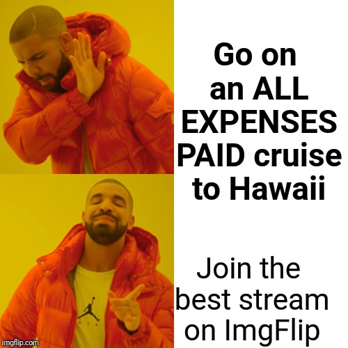 Drake Hotline Bling Meme | Go on an ALL EXPENSES PAID cruise to Hawaii Join the best stream on ImgFlip | image tagged in memes,drake hotline bling | made w/ Imgflip meme maker