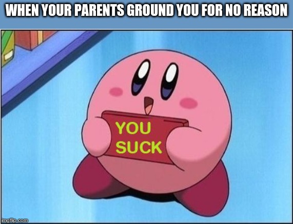 Kirby says You Suck | WHEN YOUR PARENTS GROUND YOU FOR NO REASON | image tagged in kirby says you suck | made w/ Imgflip meme maker