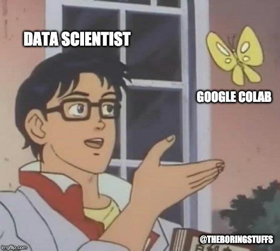 Is This A Pigeon | DATA SCIENTIST; GOOGLE COLAB; @THEBORINGSTUFFS | image tagged in memes,datascientist,machinelearning | made w/ Imgflip meme maker