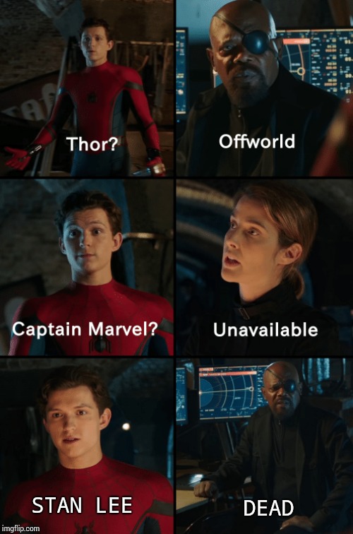 Thor off-world captain marvel unavailable | STAN LEE; DEAD | image tagged in thor off-world captain marvel unavailable | made w/ Imgflip meme maker