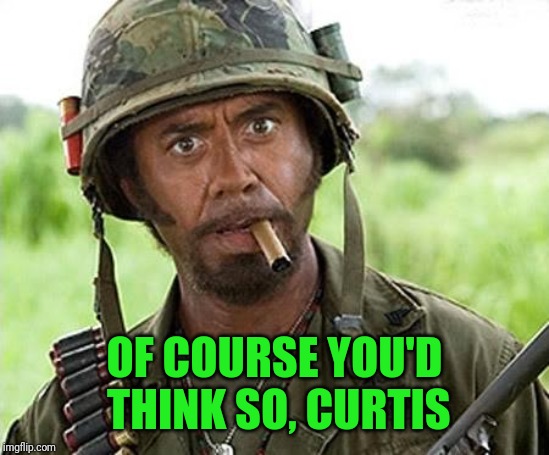 Robert Downey Jr Tropic Thunder | OF COURSE YOU'D THINK SO, CURTIS | image tagged in robert downey jr tropic thunder | made w/ Imgflip meme maker