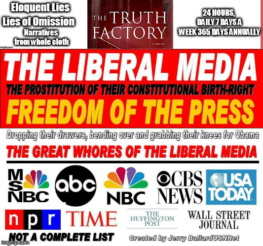 The Truth Factory, from whole cloth | Eloquent Lies; 24 HOURS, DAILY
7 DAYS A WEEK
365 DAYS ANNUALLY; Lies of Omission; Narratives from whole cloth | image tagged in fiction,lying media,cnn,abc,nbc,cbs | made w/ Imgflip meme maker