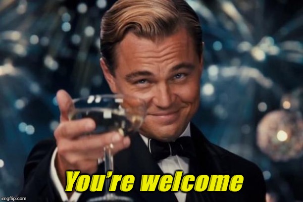 Leonardo Dicaprio Cheers Meme | You’re welcome | image tagged in memes,leonardo dicaprio cheers | made w/ Imgflip meme maker