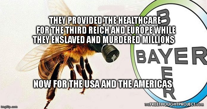 Bayer #1 killer of world bees | THEY PROVIDED THE HEALTHCARE FOR THE THIRD REICH AND EUROPE WHILE THEY ENSLAVED AND MURDERED MILLIONS; NOW FOR THE USA AND THE AMERICAS | image tagged in bayer 1 killer of world bees | made w/ Imgflip meme maker