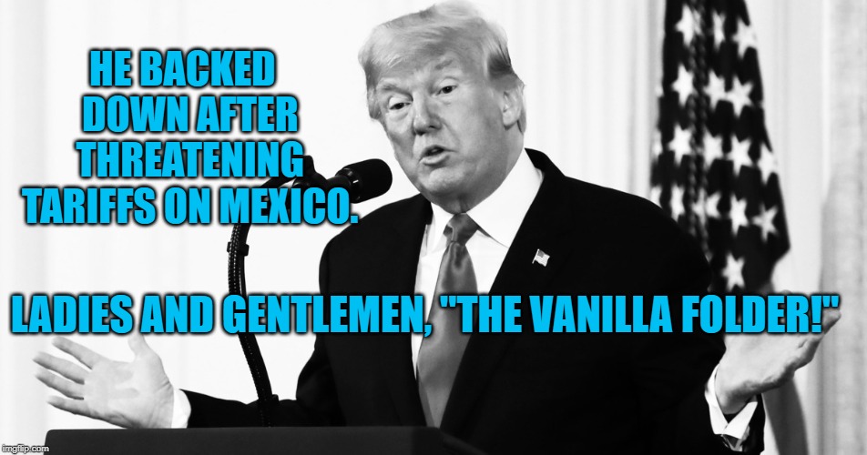 Vanilla Folder | HE BACKED  DOWN AFTER THREATENING TARIFFS ON MEXICO. LADIES AND GENTLEMEN, "THE VANILLA FOLDER!" | image tagged in politics | made w/ Imgflip meme maker