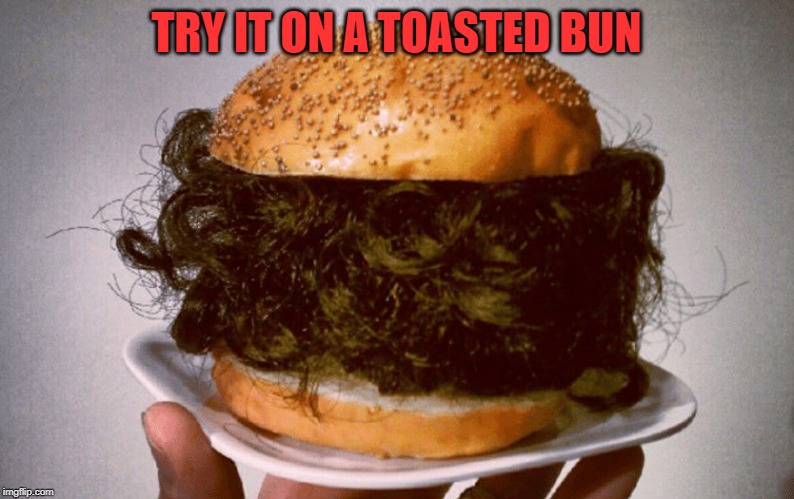 Hairburger | TRY IT ON A TOASTED BUN | image tagged in hairburger | made w/ Imgflip meme maker