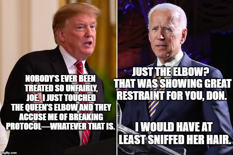 Grab em by the elbow | JUST THE ELBOW?  THAT WAS SHOWING GREAT RESTRAINT FOR YOU, DON. NOBODY’S EVER BEEN TREATED SO UNFAIRLY, JOE.  I JUST TOUCHED THE QUEEN’S ELBOW AND THEY ACCUSE ME OF BREAKING PROTOCOL—WHATEVER THAT IS. I WOULD HAVE AT LEAST SNIFFED HER HAIR. | image tagged in joe biden,donald trump,queen elizabeth,grab,presidential candidates | made w/ Imgflip meme maker