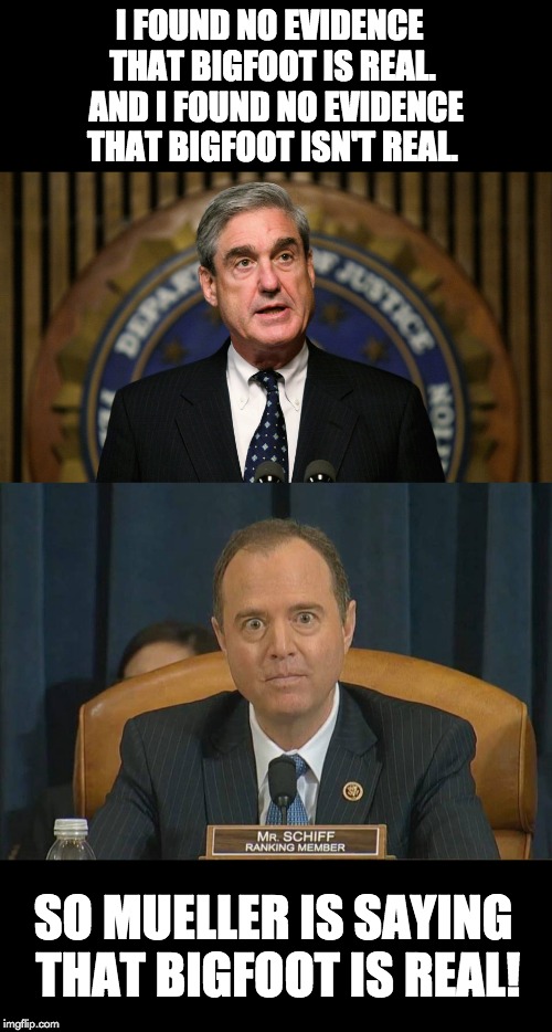 I FOUND NO EVIDENCE THAT BIGFOOT IS REAL.  AND I FOUND NO EVIDENCE THAT BIGFOOT ISN'T REAL. SO MUELLER IS SAYING THAT BIGFOOT IS REAL! | image tagged in schiff,robert mueller | made w/ Imgflip meme maker