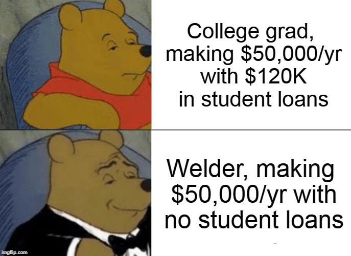 Who's smarter? | College grad, making $50,000/yr with $120K in student loans; Welder, making $50,000/yr with no student loans | image tagged in memes,tuxedo winnie the pooh,college tuition | made w/ Imgflip meme maker
